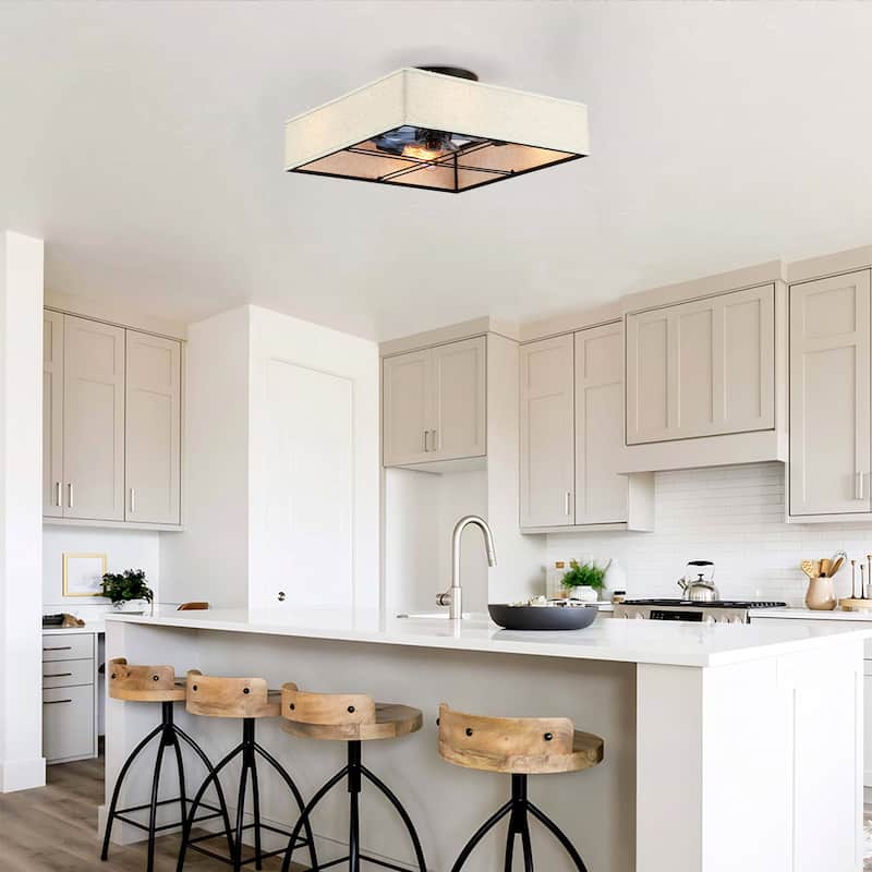 16.6"Square Fabric Flush Mount Ceiling Fan,Reversible Motor,DC Remote Control,7 PCS PC Blades,6 Speed Ceiling Fan,Timing