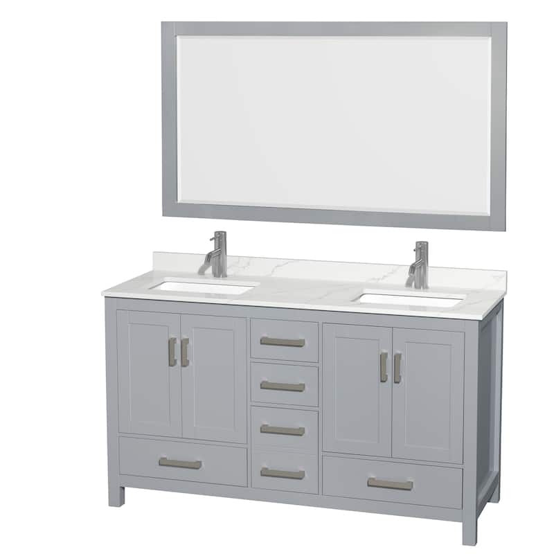 Sheffield 60-inch Double Vanity, Single Hole Quartz Top,58-inch Mirror - Gray, Chrome Trim, Giotto Quartz Top