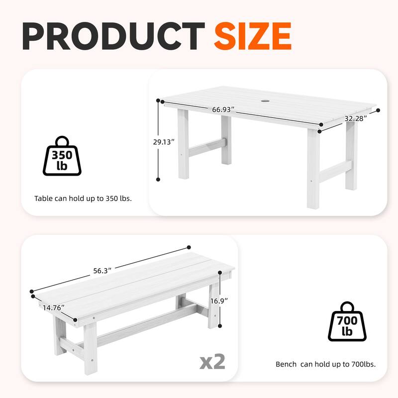 3-Piece HDPE Outdoor Dining Set with Umbrella Hole Table and Two 2-Person Benches