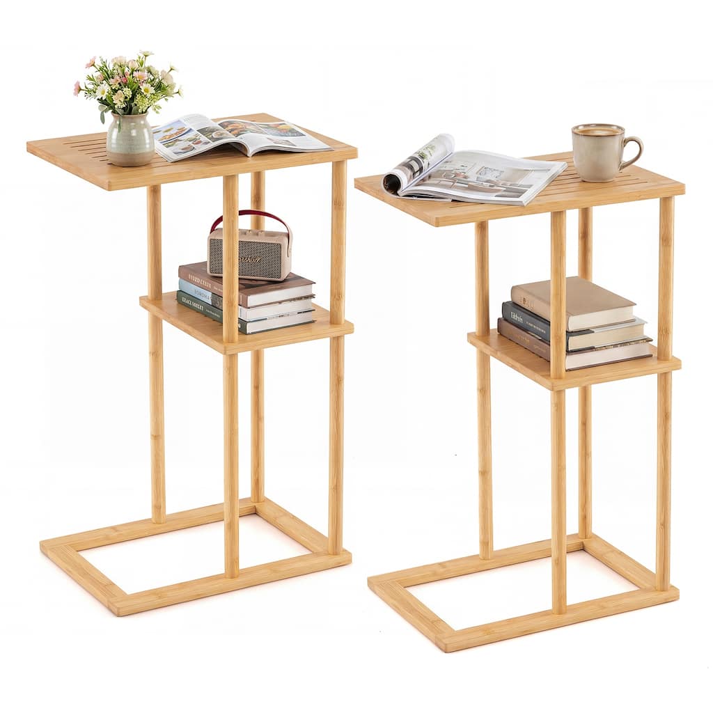 Gymax Side Table Set of 2 w/Storage Shelves & Bamboo Construction for