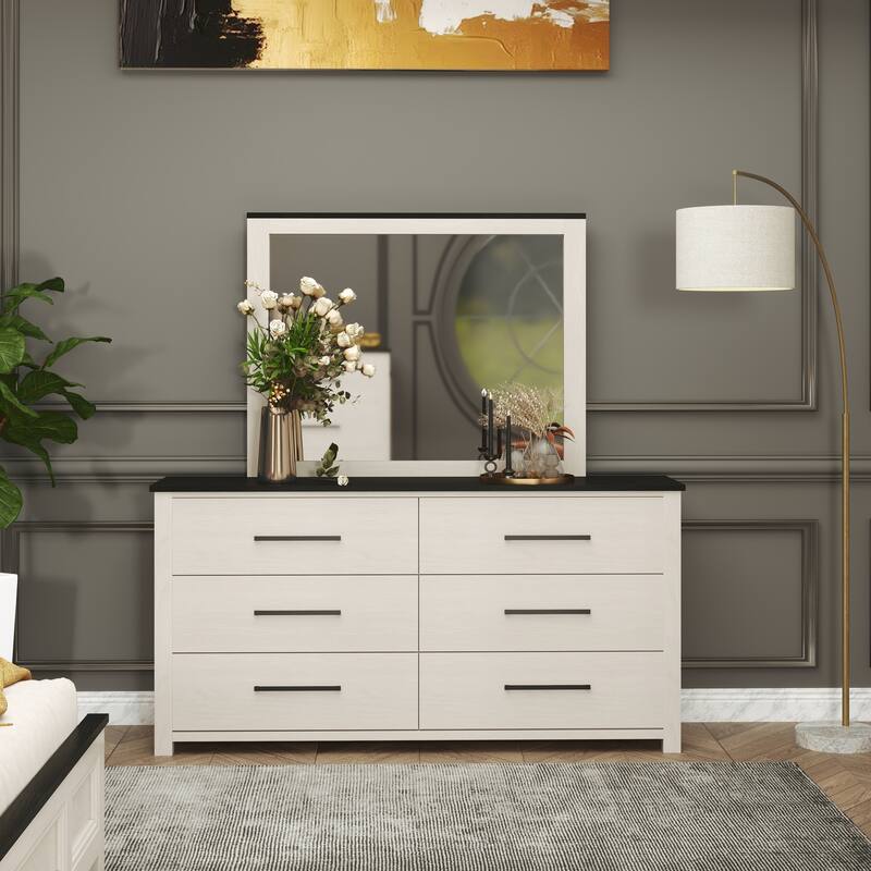 Roundhill Furniture Realynn 4-Piece Wood Bedroom Set, Panel Bed with Dresser, Mirror, and Nightstand, Off-White Finish