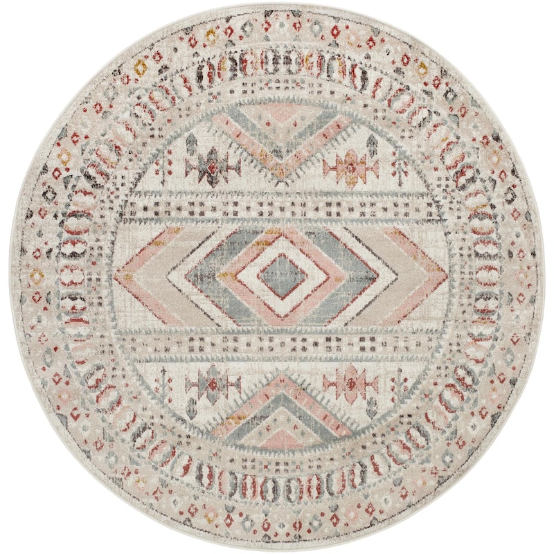Livabliss Ankara Updated Traditional Tribal Area Rug - 6'7" x 6'7" Round - Pink/Beige