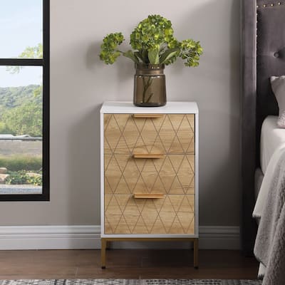 Mid-Century Modern Nightstand with 3 Drawers, Featuring Gold Metal Feet and Handles, Geometric Drawer Panels.