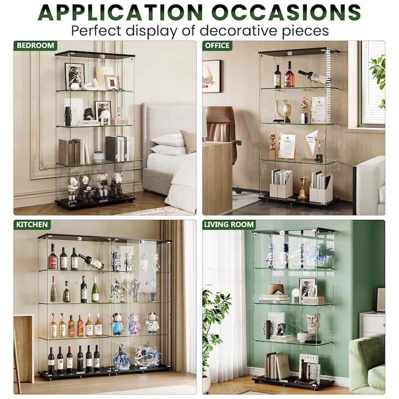 Glass Display Cabinet with Double Doors and Lock, 4-Shelf Tempered Glass Curio Cabinet Bookshelf for Office and Bedroom