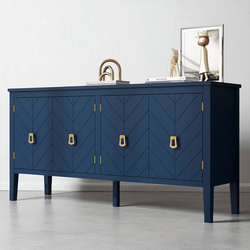 Four-Door Sideboard with Geometric Line Patterns and Vintage Metal Handles - 63" Storage Cabinet