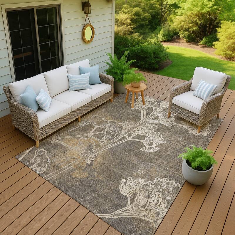 Machine Washable Indoor/ Outdoor Modern Floral Chantille Rug - Khaki - 9' x 12'