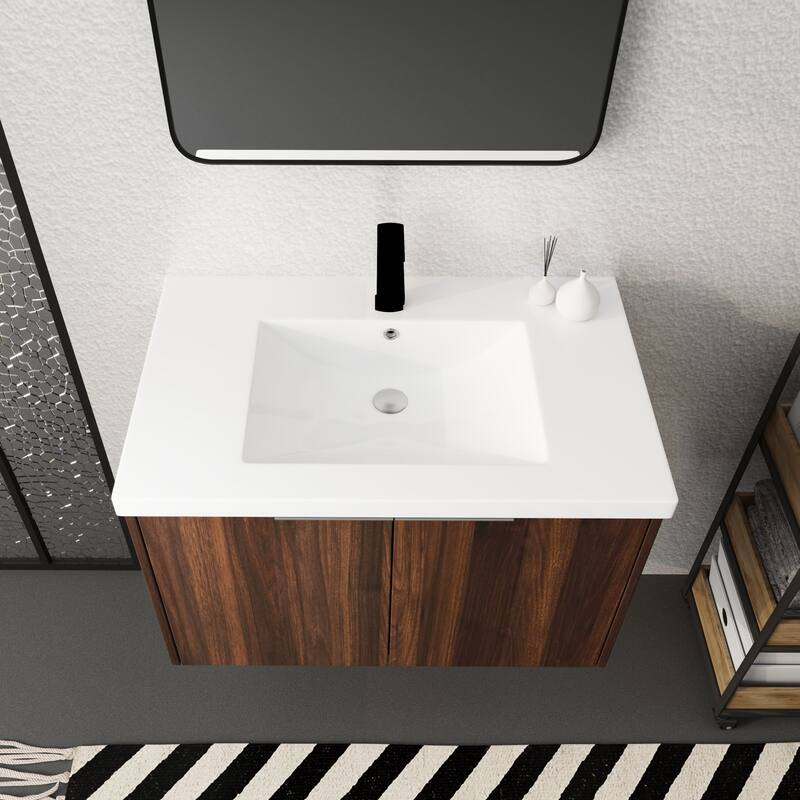 24/30/36 Inch Wall Mounted Single Bathroom Vanity with Resin Vanity Top in Walnut / Oak