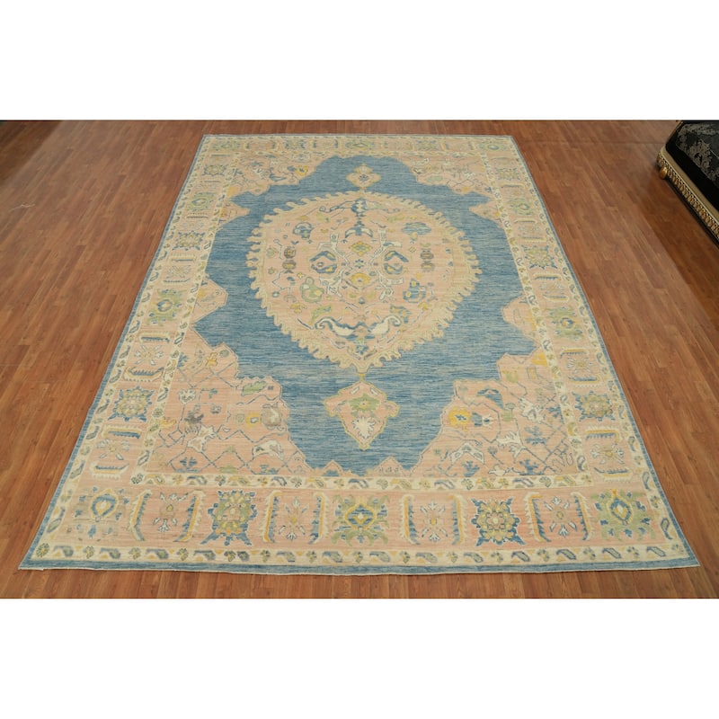 Vegetable Dye Wool Oushak Turkish Area Rug, Medallion Geometric Carpet - 13' 4'' X 9' 10''
