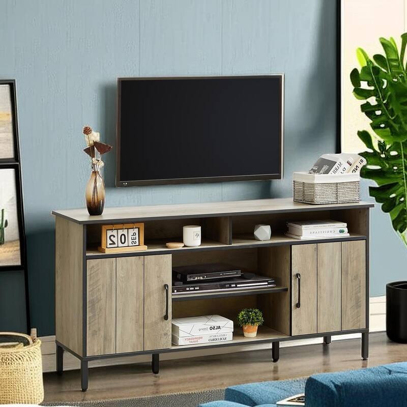 58 Inch Farmhouse TV Stand for up to 65" TV with Doors and Open Shelves Media Console Power Outlet
