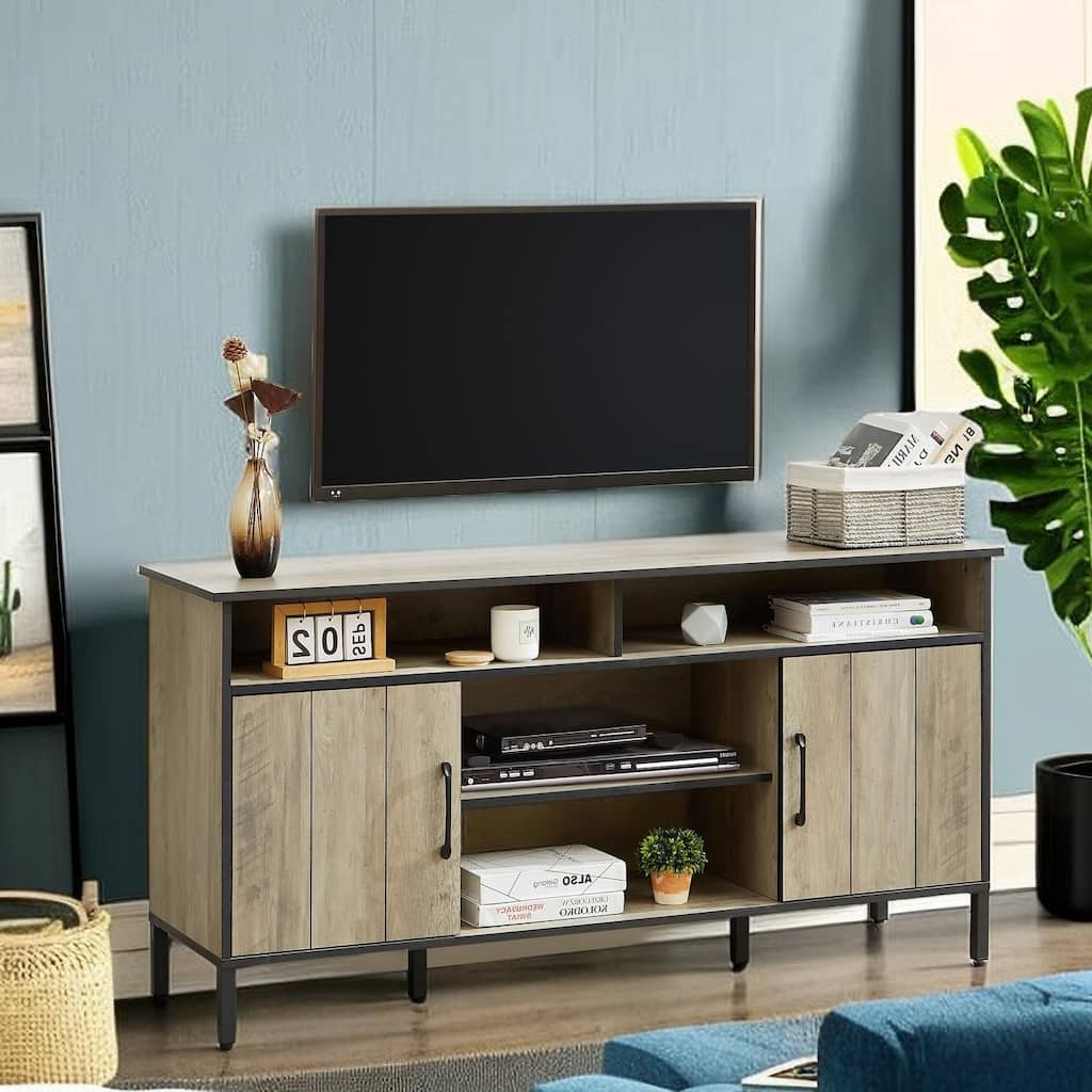 58 Inch Farmhouse TV Stand for up to 65" TV with Doors and Open Shelves Media Console Power Outlet