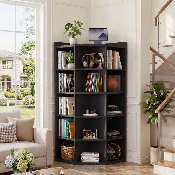 Corner Bookshelf with Charging Station ＆ Open Display Cubbies, L