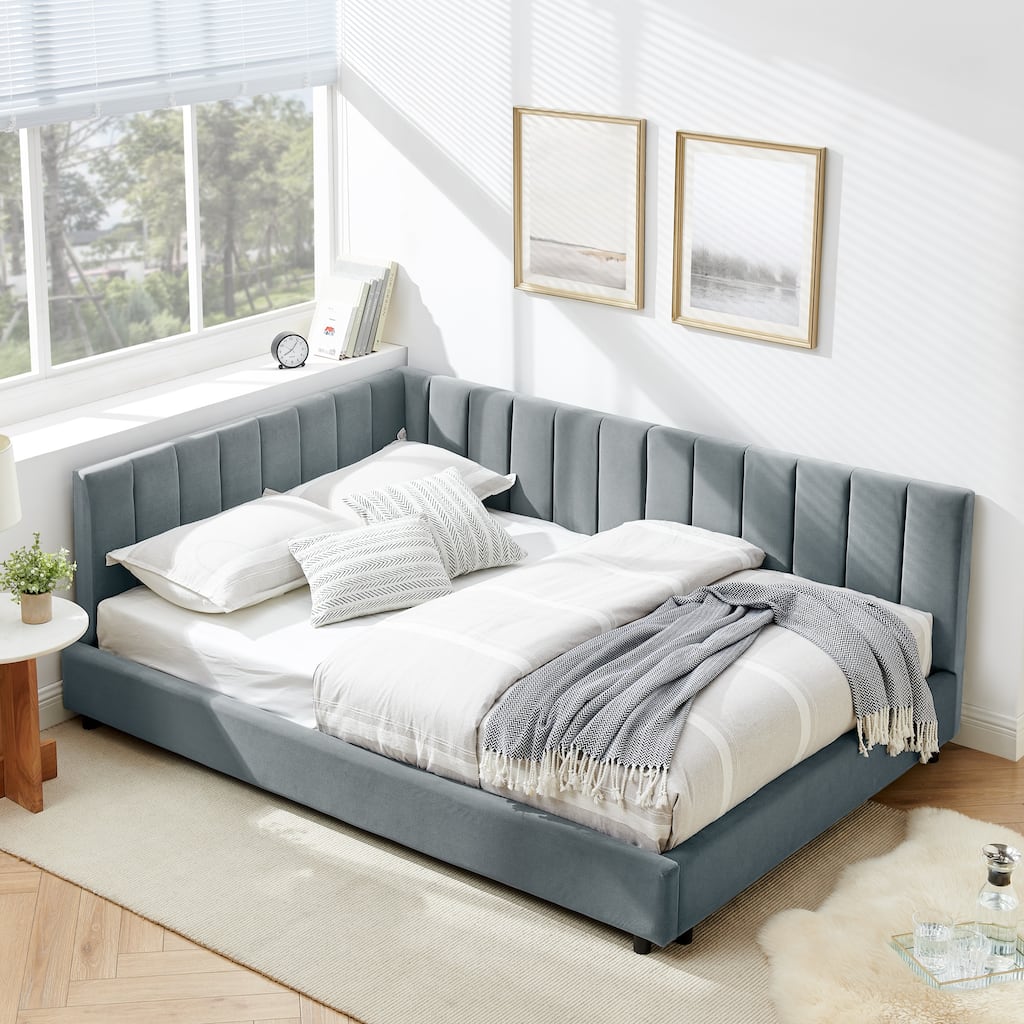 Full Size Velvet Upholstered Daybed with Backrest and Armrests, Gray, Easy Assembly, for Bedroom or Living Room