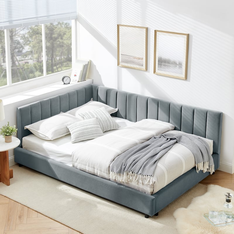 Full Size Velvet Upholstered Daybed with Tufted Backrest and Armrest, Mid-Century Sofa Bed Frame for Bedroom or Living Room - Gray