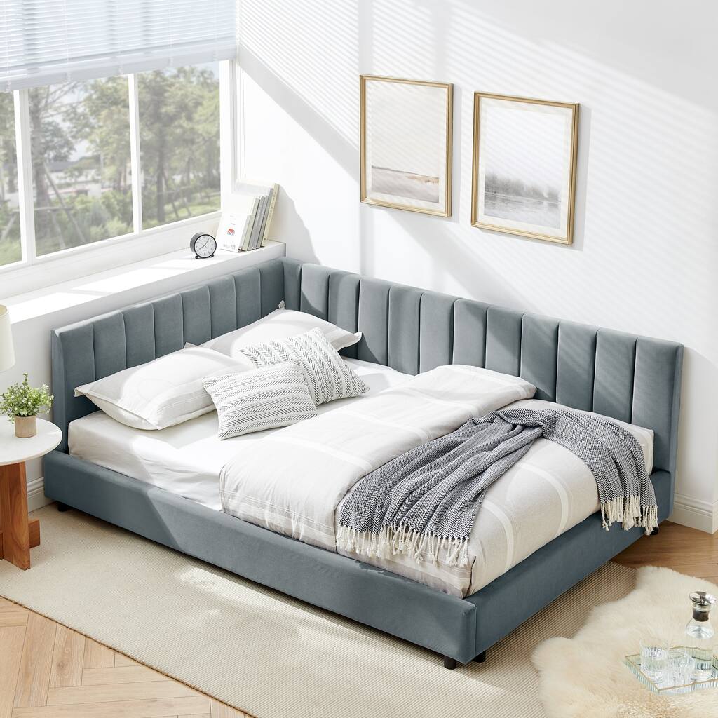 Roomfitters Full Upholstered Tufted Bed Frame with Backrest and Armrests, Velvet Sofa Bed for Bedroom or Living Room