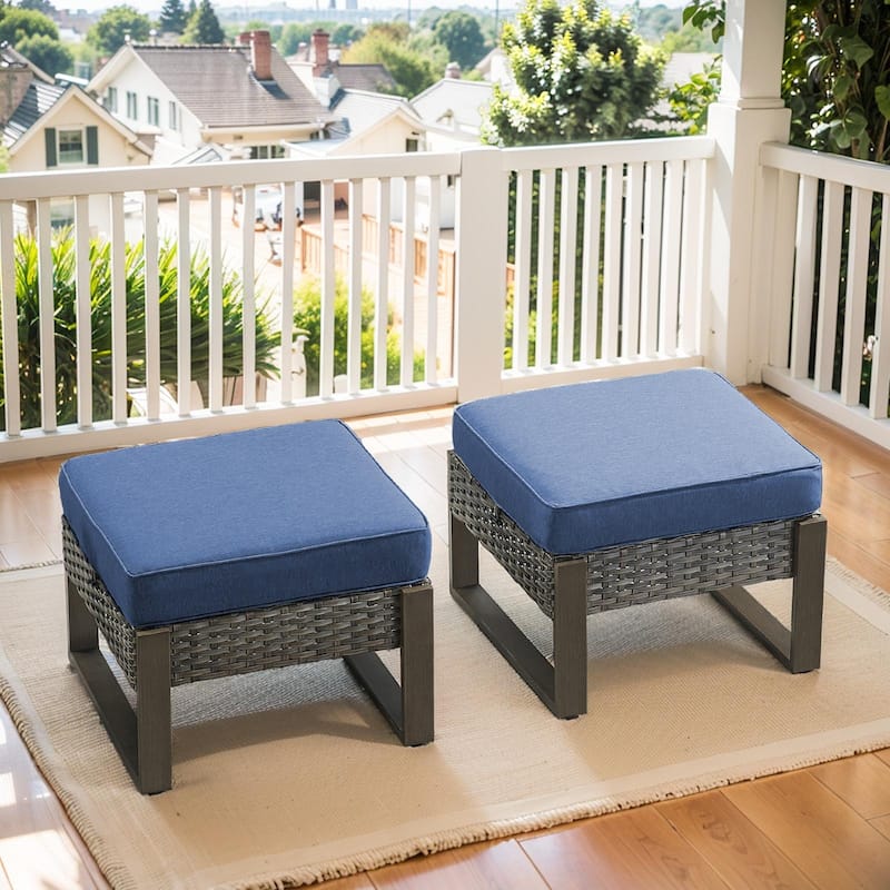 2 Pieces Outdoor Patio Ottoman with Cushion - Grey - Blue