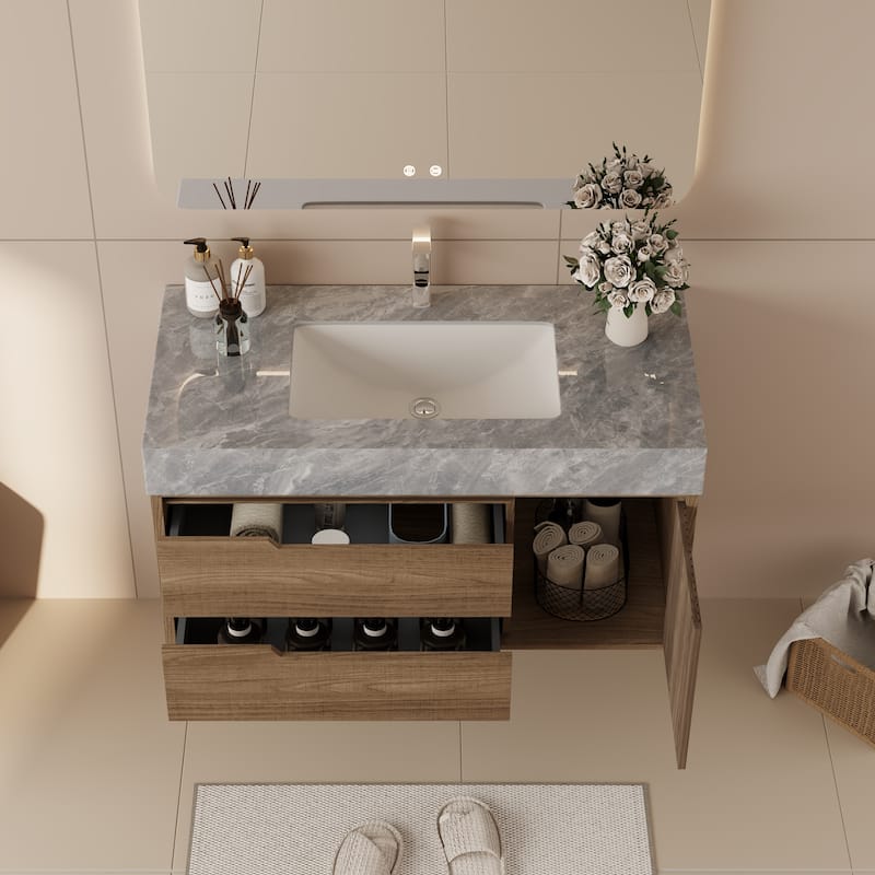 36"Mid Century Modern Wall-Mounted Bathroom Vanities,Single Sink,Brown Wood Texture with Sintered Stone Table top