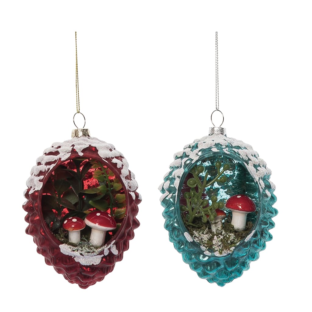 Transpac Glass Mushrooms In Acorn Ornament Set of 2 Christmas Home Decorations - Multicolor