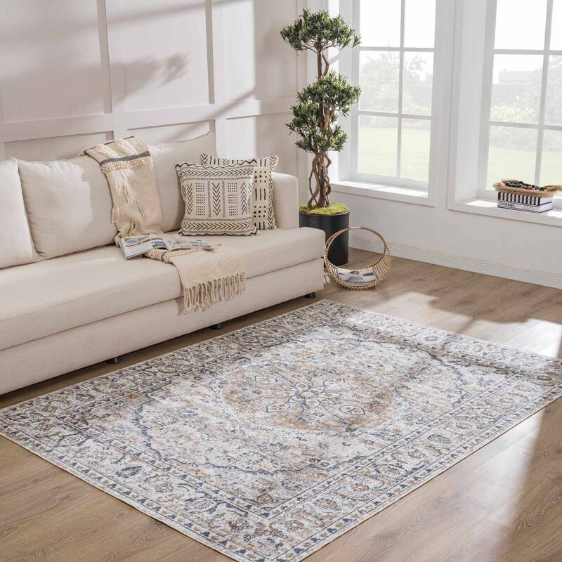 Hauteloom Manhattan Machine Washable Oriental Persian Medallion Vintage Distressed Area Rug - 5'3" x 7' - Blue, Tan, Cream, Ivory, Orange, Mustard