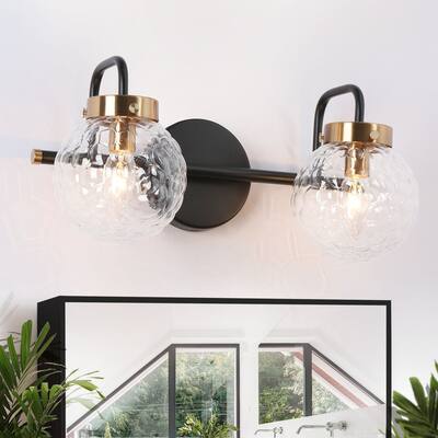 Modern Black Gold 2-Light Bathroom Vanity Light Globe Glass Wall Sconces - 15" L x 8" W x 7.5" H