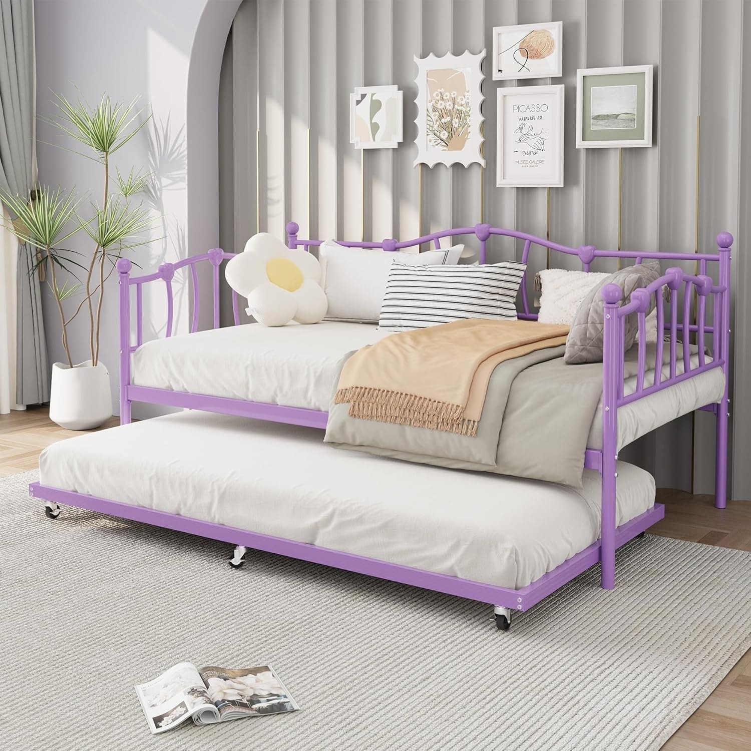 Black Metal Twin Daybed with Trundle, Steel Slat Support Sofa Bed, Pull-Out Guest Bed, Space-Saving for Apartment