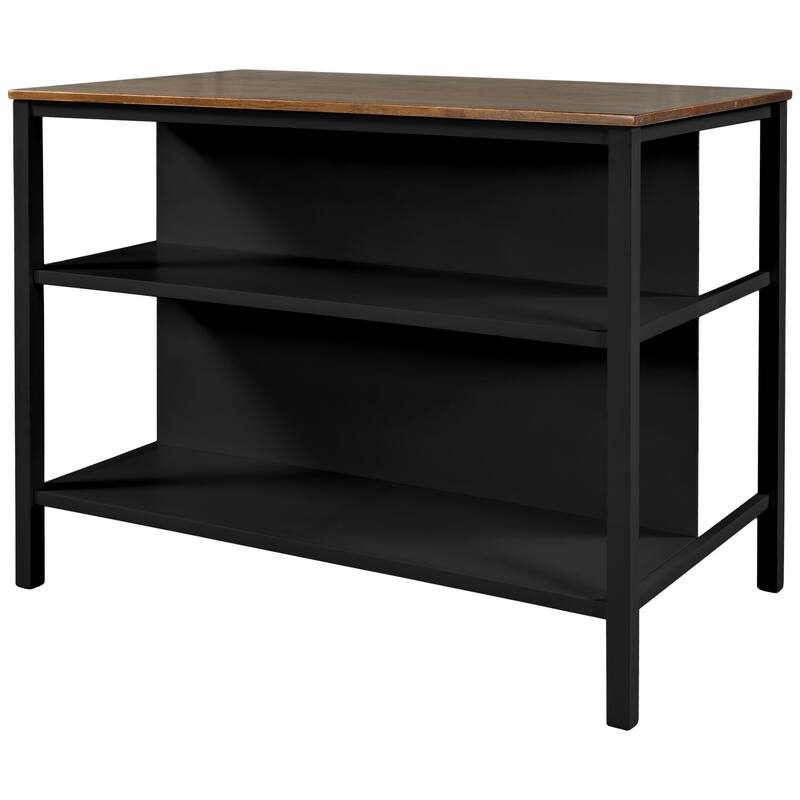 3-Piece Farmhouse Style Kitchen Island Set with Spacious Tabletop, Storage Shelves, and Two Comfortable Stools