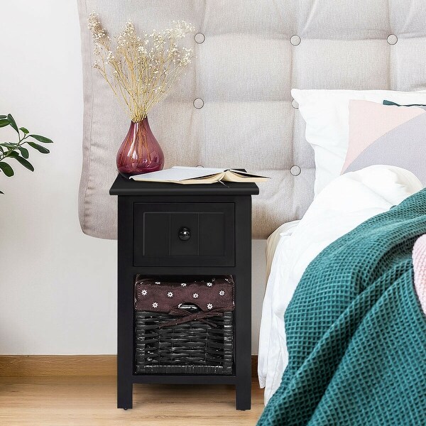 2 Pcs 2 Tier Nightstand 1 Drawer Bedside End Table Organizer Wood W Basket Black