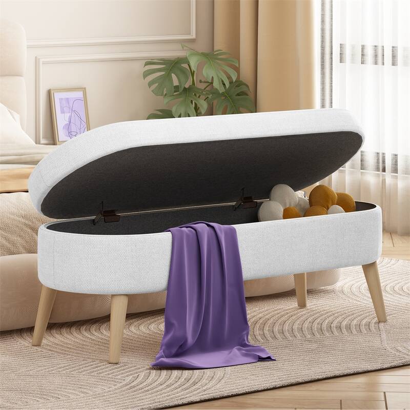 Oval Storage Bench for Living Room/Bedroom/End of Bed/Entryway, 43.5" Linen Fabric Upholstered Entryway Bench - White