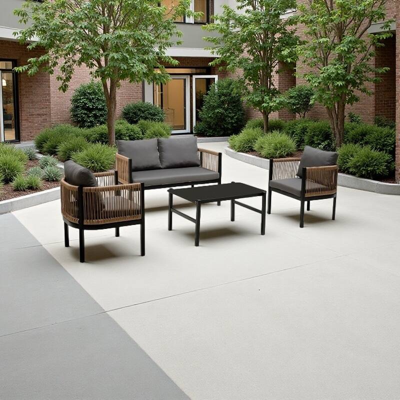 4-Piece Modular Outdoor Patio Sofa Set with Tempered Glass Coffee Table, PE Wicker and Iron Frame Seating - Grey