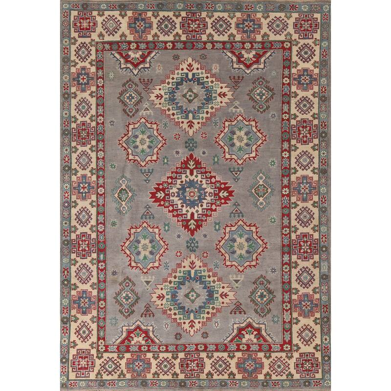 Gray Geometric Kazak Oriental Area Rug Hand-Knotted Wool Carpet - 6'10"x 9'11"