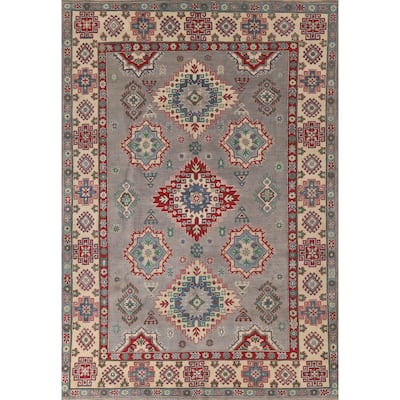 Gray Geometric Kazak Oriental Area Rug Hand-Knotted Wool Carpet - 6'10"x 9'11"