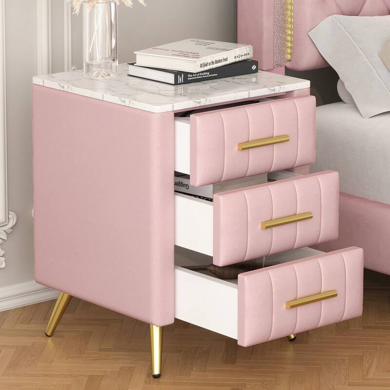 Upholstered Wooden Nightstand with 3 Drawers and Handles