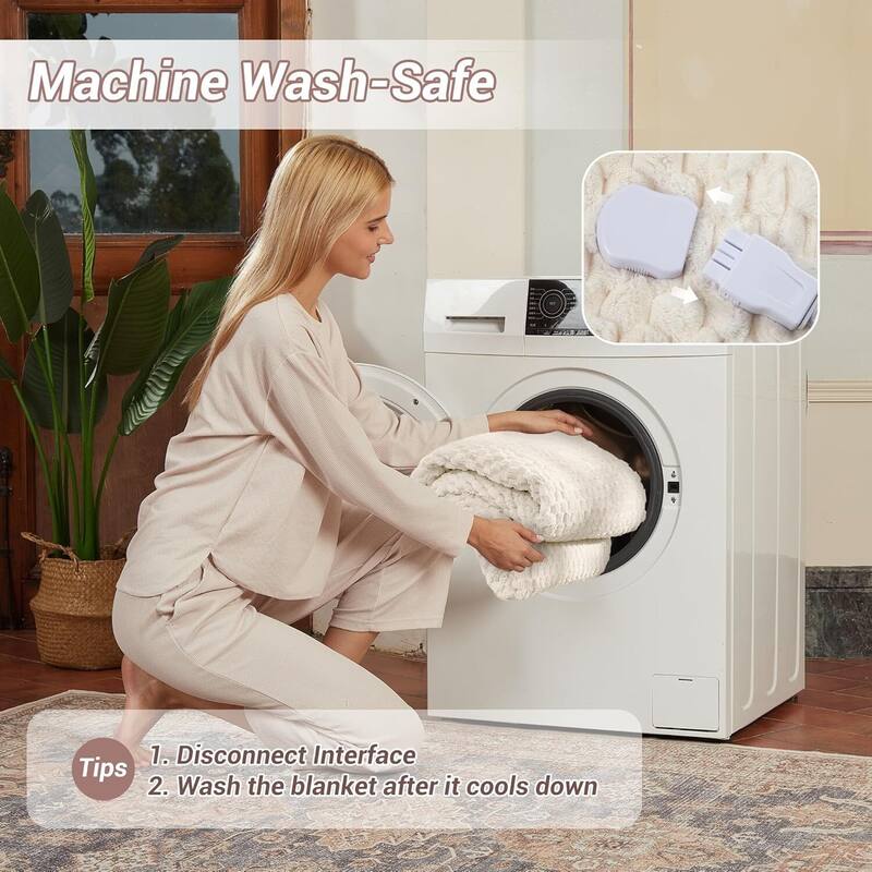 6 Heating Levels Cozy Soft Electric Heated Blanket Throw, Beige