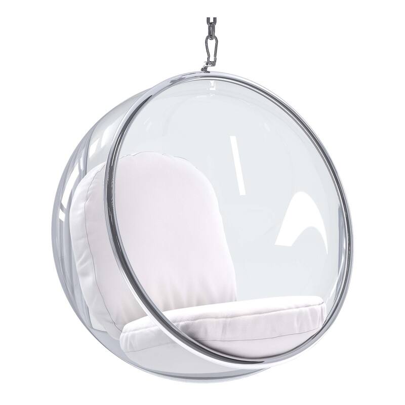HomeRoots 42" White and Silver Acrylic and Faux Leather Hanging Balloon Chair - 42' X '42' X '25