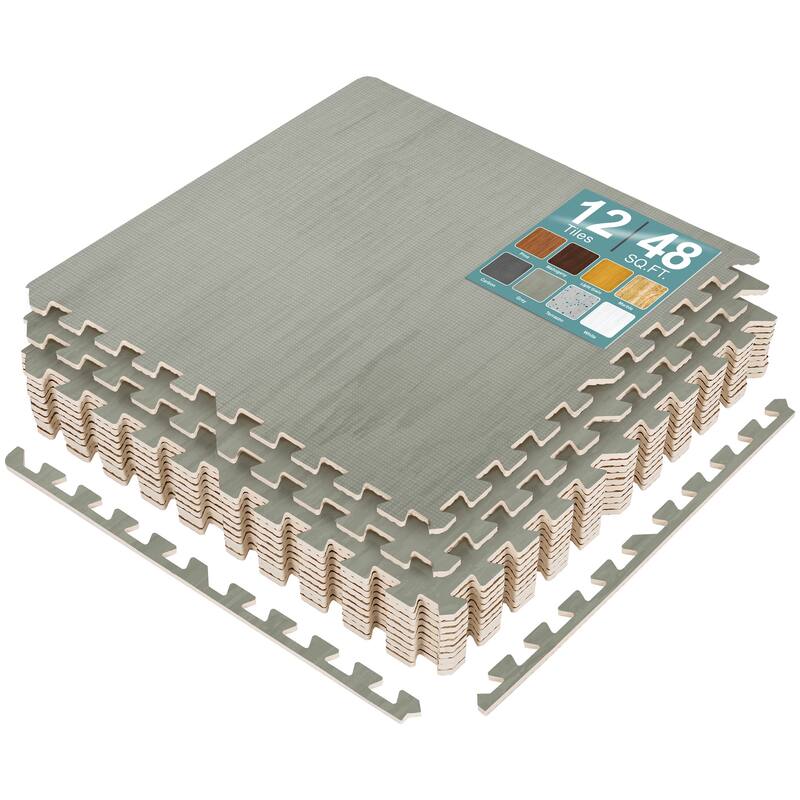 Interlocking Floor Mat - Gray Wood Print, 12 Pieces and Borders - Light Grey