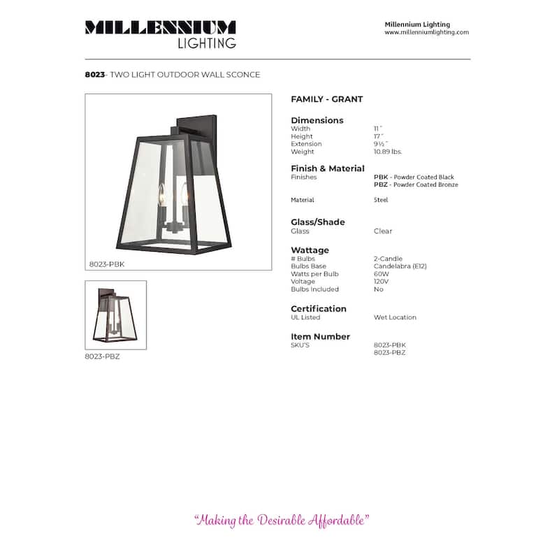 Millennium Lighting Grant 11" 2 Light Outdoor Wall Lantern