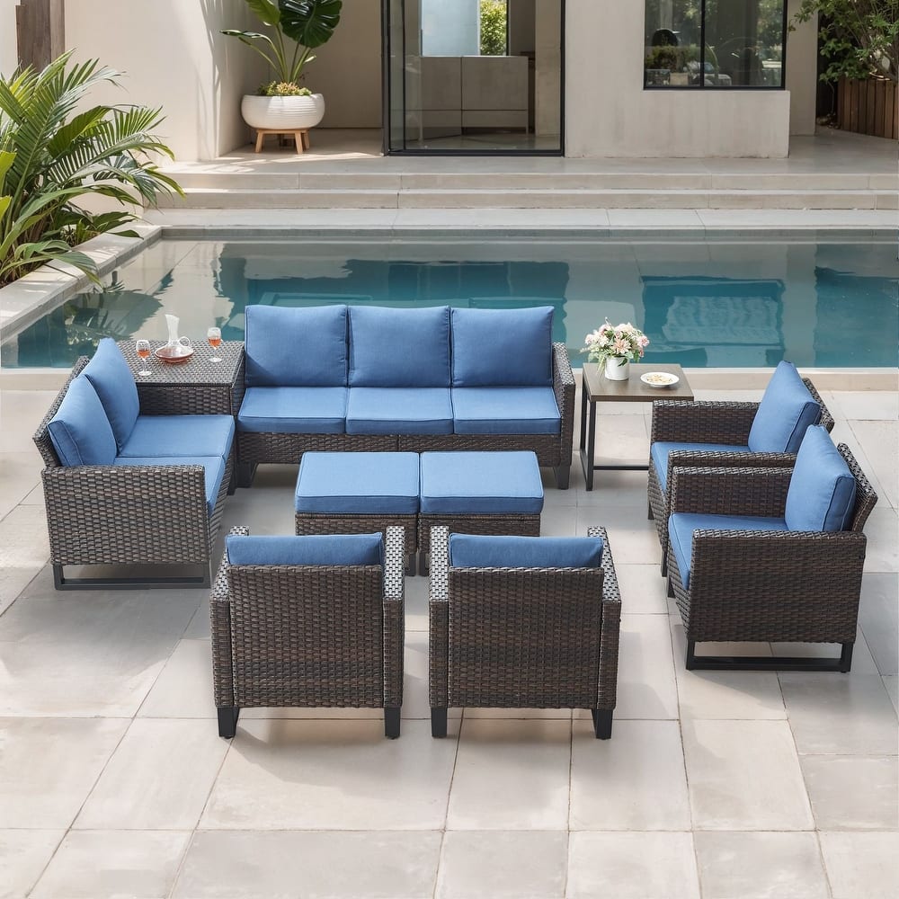 Gymojoy 9-11 Person All-Weather Wicker Outdoor Conversation Set Seating Group With lounge Chairs And Ottomans