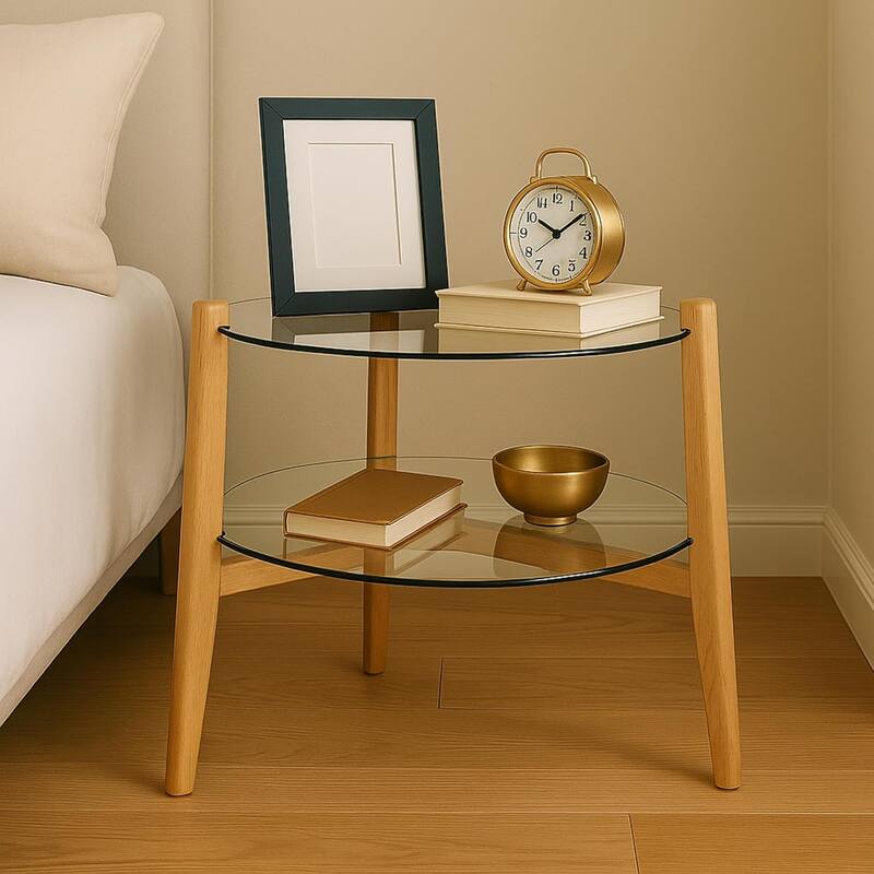 24 Inches 2-tier Glass Round End Table with Shelf and Wooden Legs