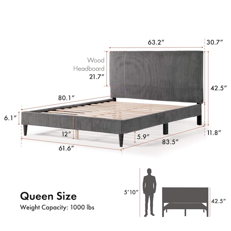 Furniture of America Modern Corduroy Queen Size Platform Bed, No Box Spring Needed