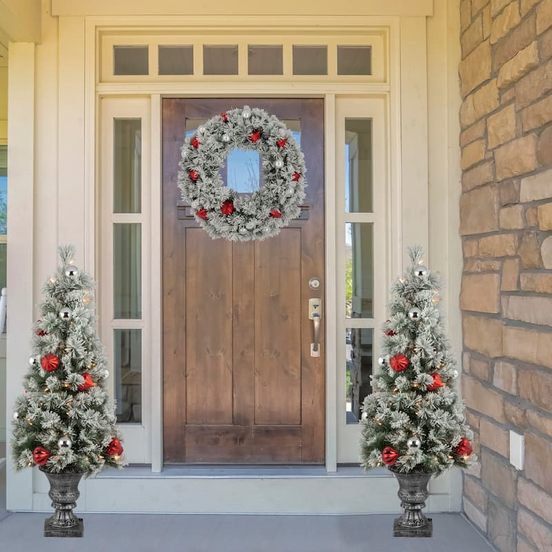4' Potted Snowy Bristle Pine Flocked Artificial Christmas Tree Clear Lights - 4 Foot