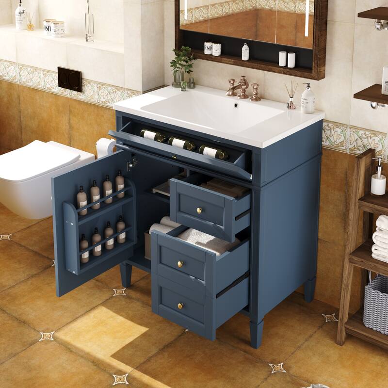 Roomfitters 30" Vanity with Sink, Bathroom Cabinet with 2 Drawers and Tip-out Tray, Modern Freestanding Design