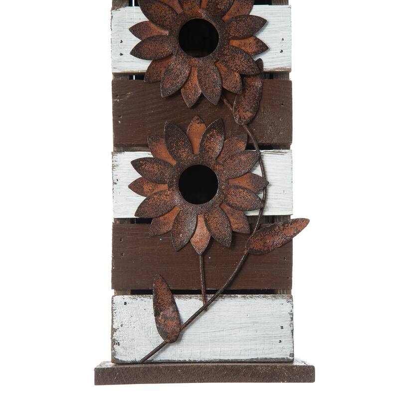 Glitzhome 14.5"H Two-Tiered Distressed Solid Wood Cottage Birdhouse with Flowers - 14.5"