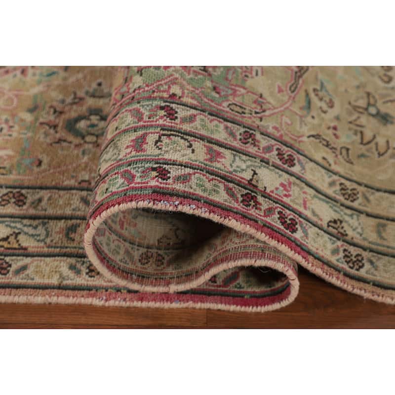 Distressed Mashad Vintage Persian Large Rug Handmade Wool Carpet - 9'7" x 13'8"
