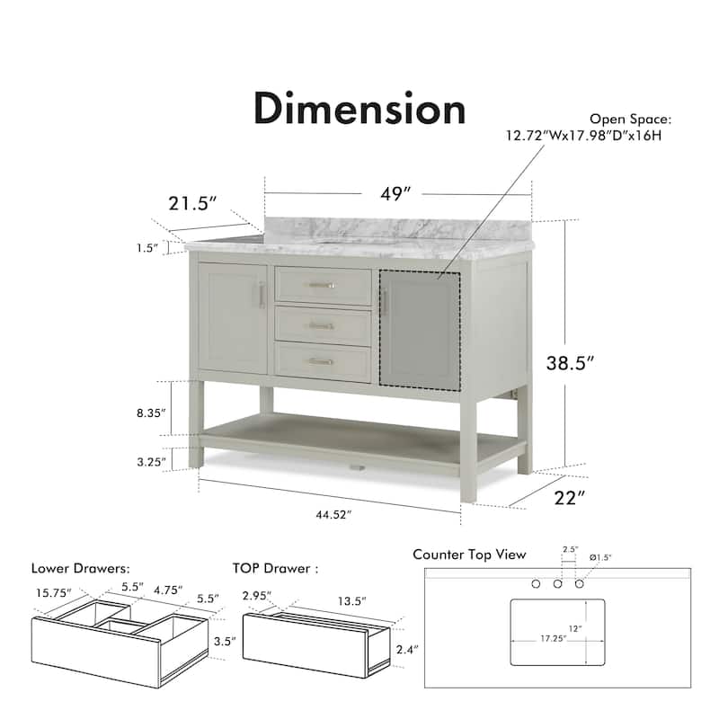 Furniture of America Anya 49" Single Bathroom Vanity with White Carrera Marble Top and Undermount Sink