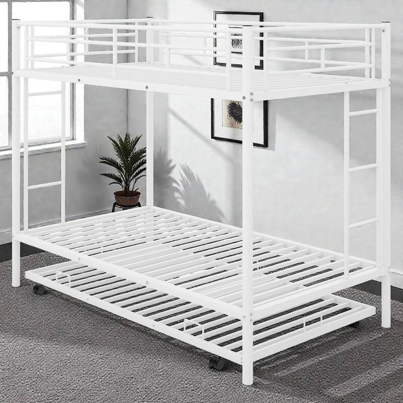 Twin over Twin Metal Bunk Bed with Trundle, Space Saving Bunk Bed with Ladder and Guardrails