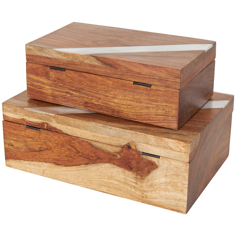 Mango Wood Box with Silver Diagonal Stripes - Set of 2 Brown - Roche River Decor - 7"W x 11"L x 4"H
