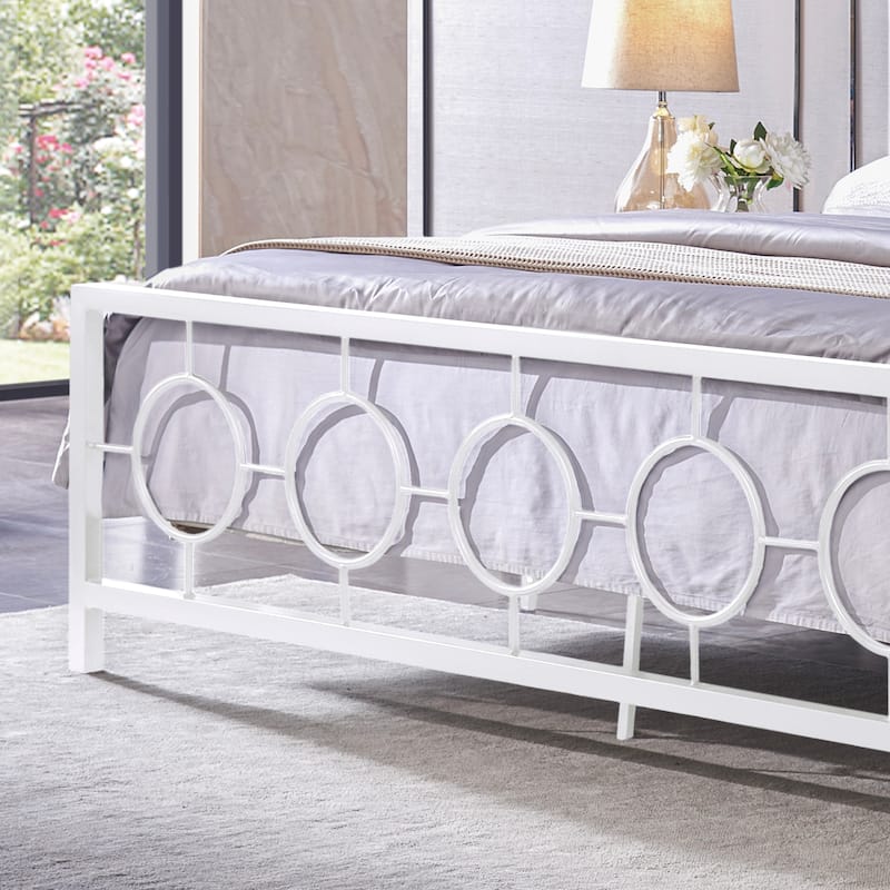Roomfitters King Size Metal Platform Bed Frame with Headboard and Footboard, Modern Circle Design, White