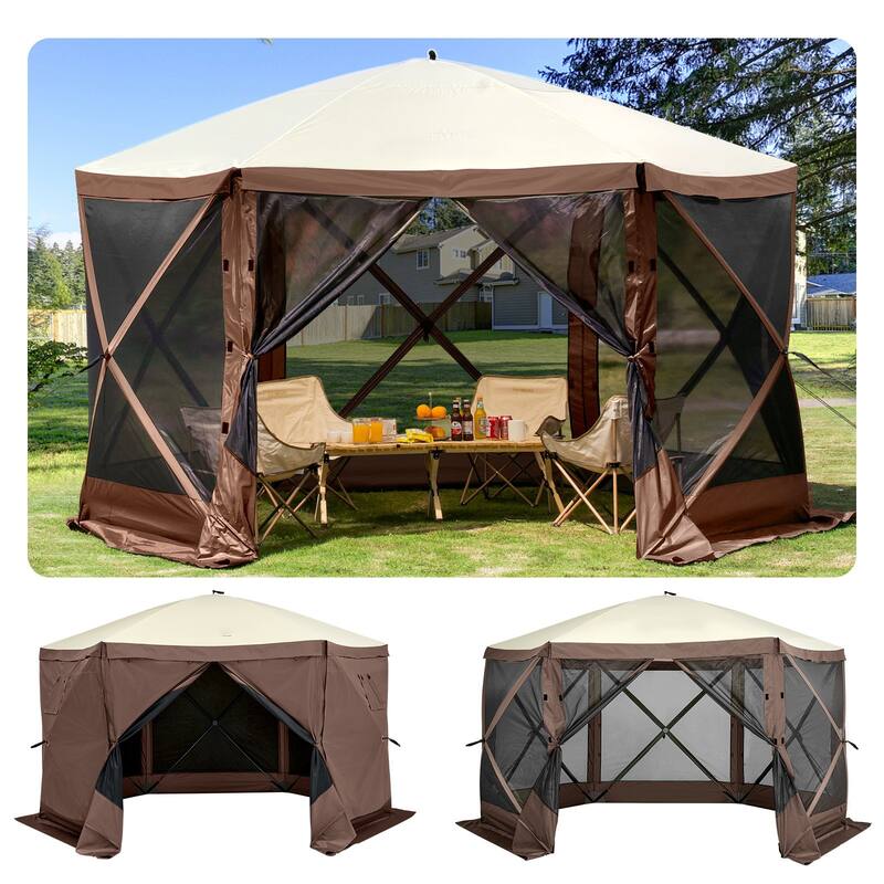 6 Sided Pop-Up Camping Gazebo Screen Tent with Mesh Windows and Portable Carry Bag