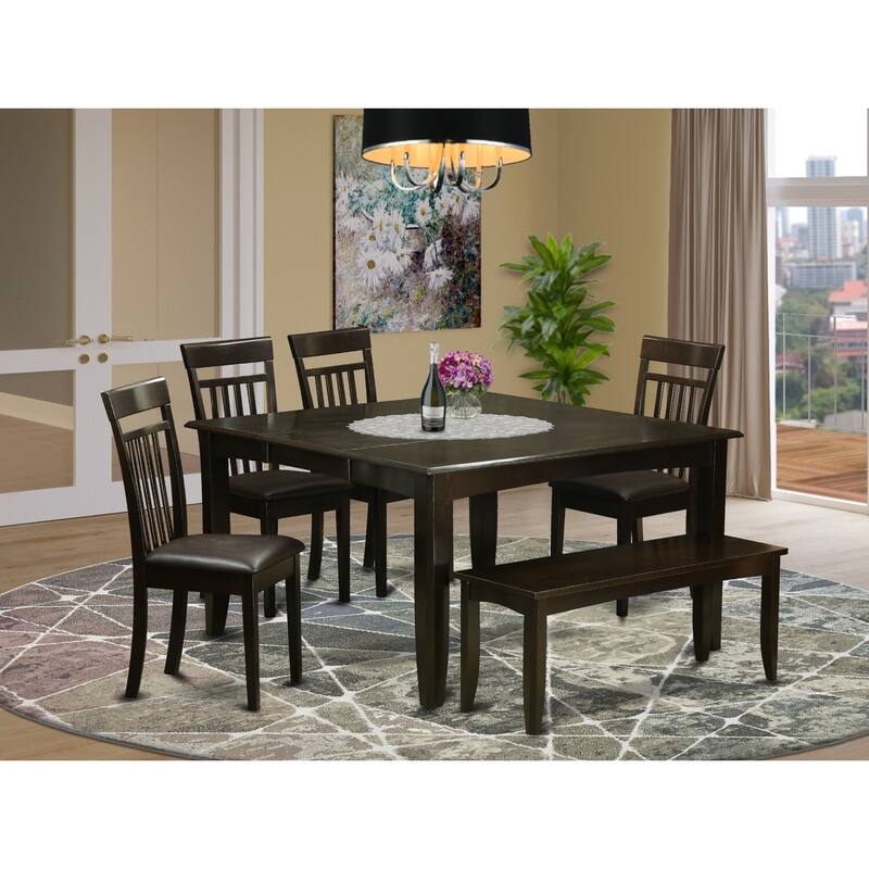 HomeStock 6-Piece Square Cappuccino Finish Solid Wood Top dining Table with 1-Bench and 4-Chairs