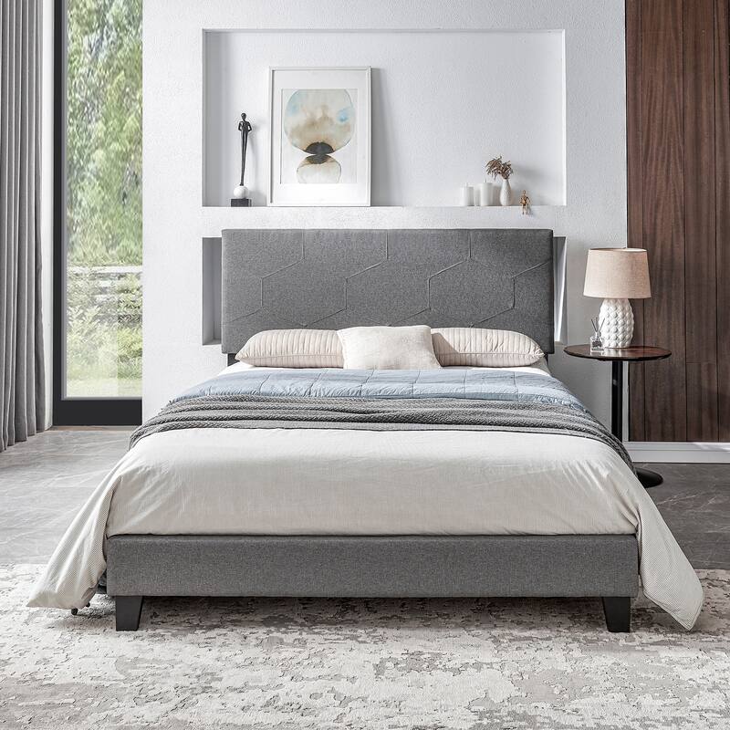 Queen Size PU Upholstered Platform Bed Frame with Wood Slat Support - Grey