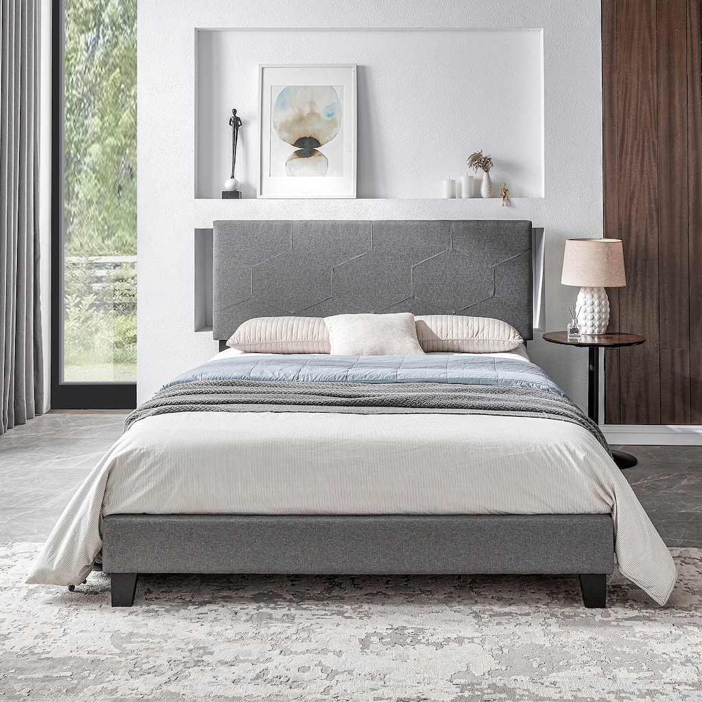 Queen Size Upholstered Platform Bed Frame, Wood Slat Support, Easy Assembly, Grey